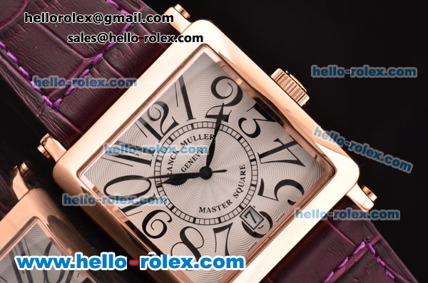 Franck Muller Master Square Swiss Quartz Rose Gold Case with Black Numeral Markers and Purple Leather Strap - Click Image to Close